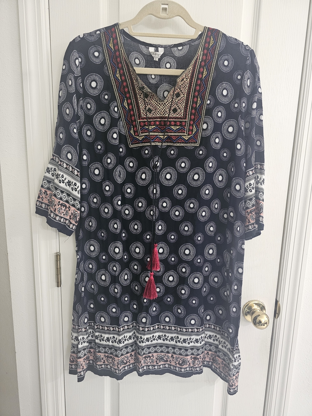 Meaneor Boho Embroidered Navy Tunic Dress with Tassels